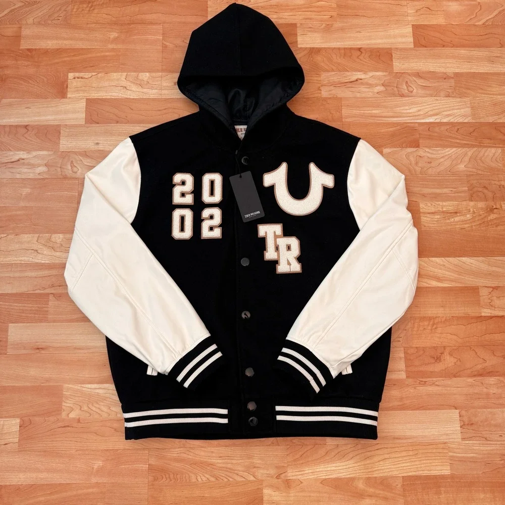 True Religion Mens NEW Varsity Jacket Jet Black White Letterman 108284 L